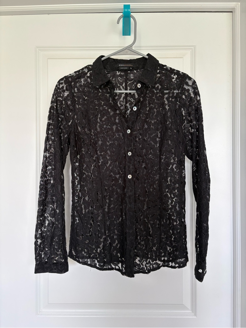 BCBG Sheer Black Lace Button-Up Blouse